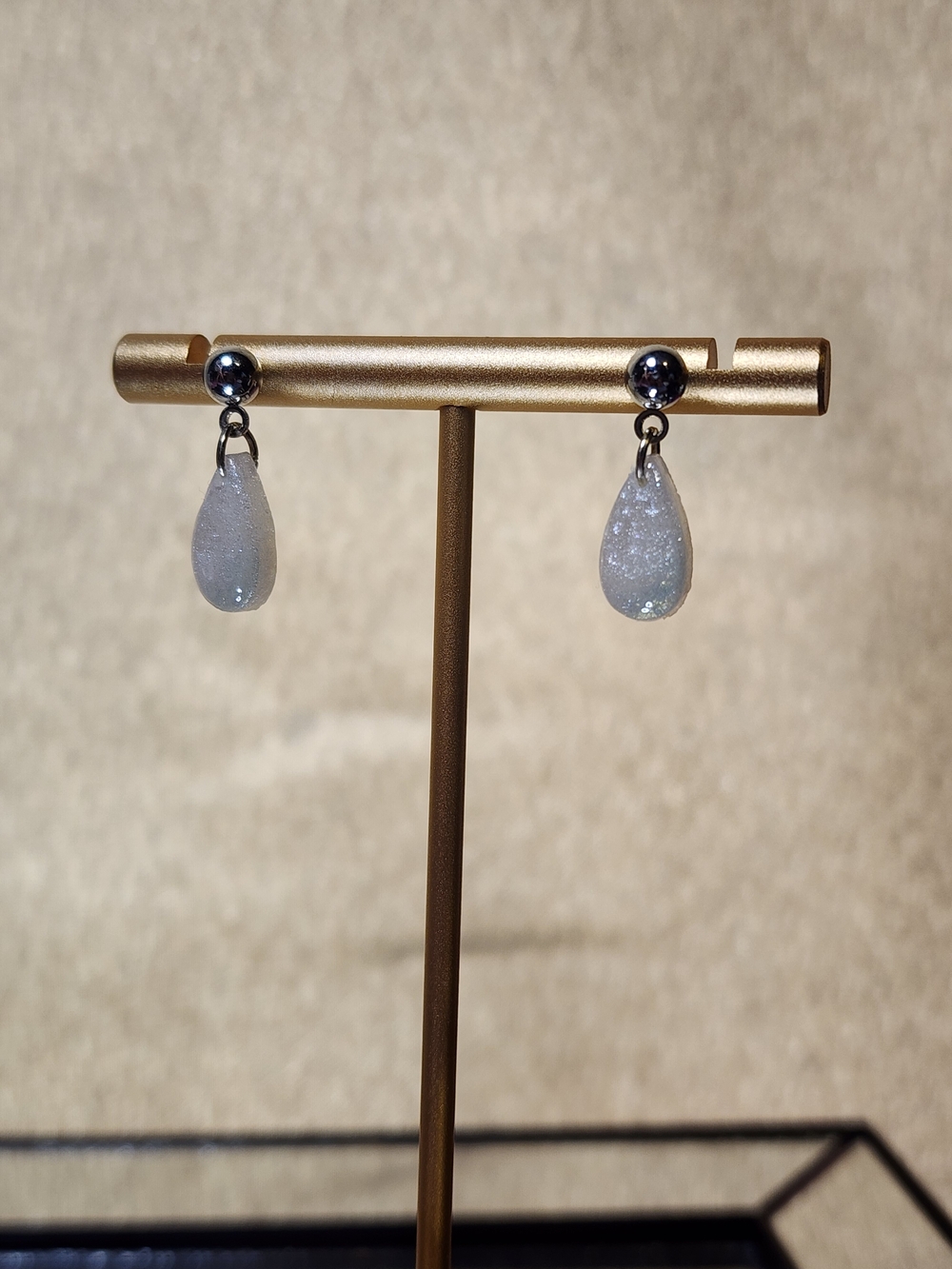Silver-White Drop Shimmery Teardrop Earrings - Handmade Hypoallergenic